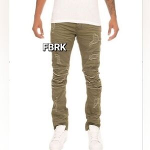 𝅺FBRK Army Green / Olive Stretch Ripped Denim Jeans, 38/34